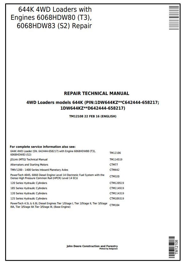 Pdf TM12108 John Deere 644K Wheel Loader (SN.642444-658217) w. Engine 6068HDW80, 6068HDW83 Repair Service Manual