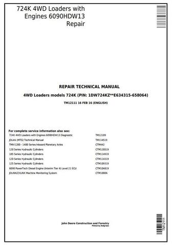 Pdf TM12111 John Deere 724K Wheel Loader (SN. E634315-658064) w. Engine 6090HDW13 Repair Service Manual