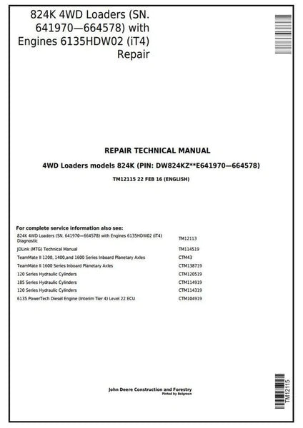 Pdf TM12115 John Deere 4WD 824K Wheel Loader (SN.641970—664578) w. Engines 6135HDW02 Repair Service Manual