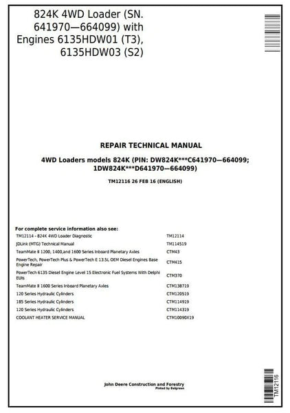 Pdf TM12116 John Deere 4WD 824K Wheel Loader (SN.641970—664099) w.T3/S2 Engine Repair Service Manual