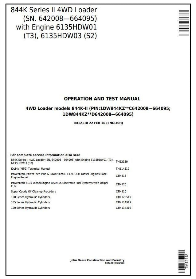 PDF TM12118 John Deere 4WD 844K Series II Wheel Loader (SN. 642008—664095) Diagnostic & Test Service Manual