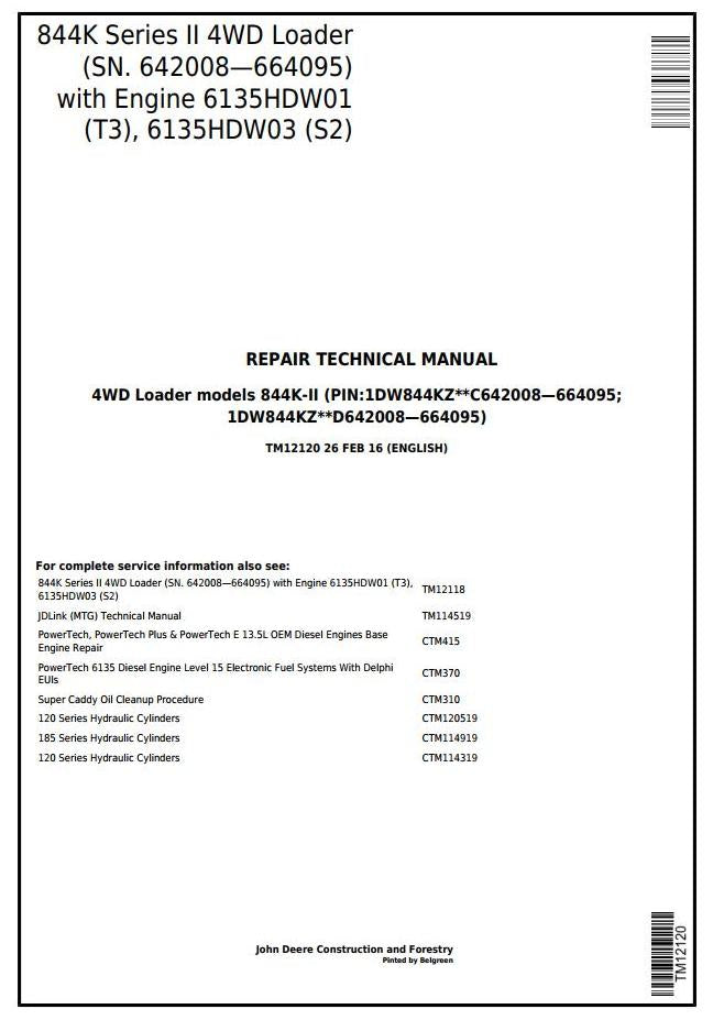 Pdf TM12120 John Deere 4WD 844K Series II (T2/S2 Engines) Wheel Loader (SN.642008—664095) Repair Service Manual