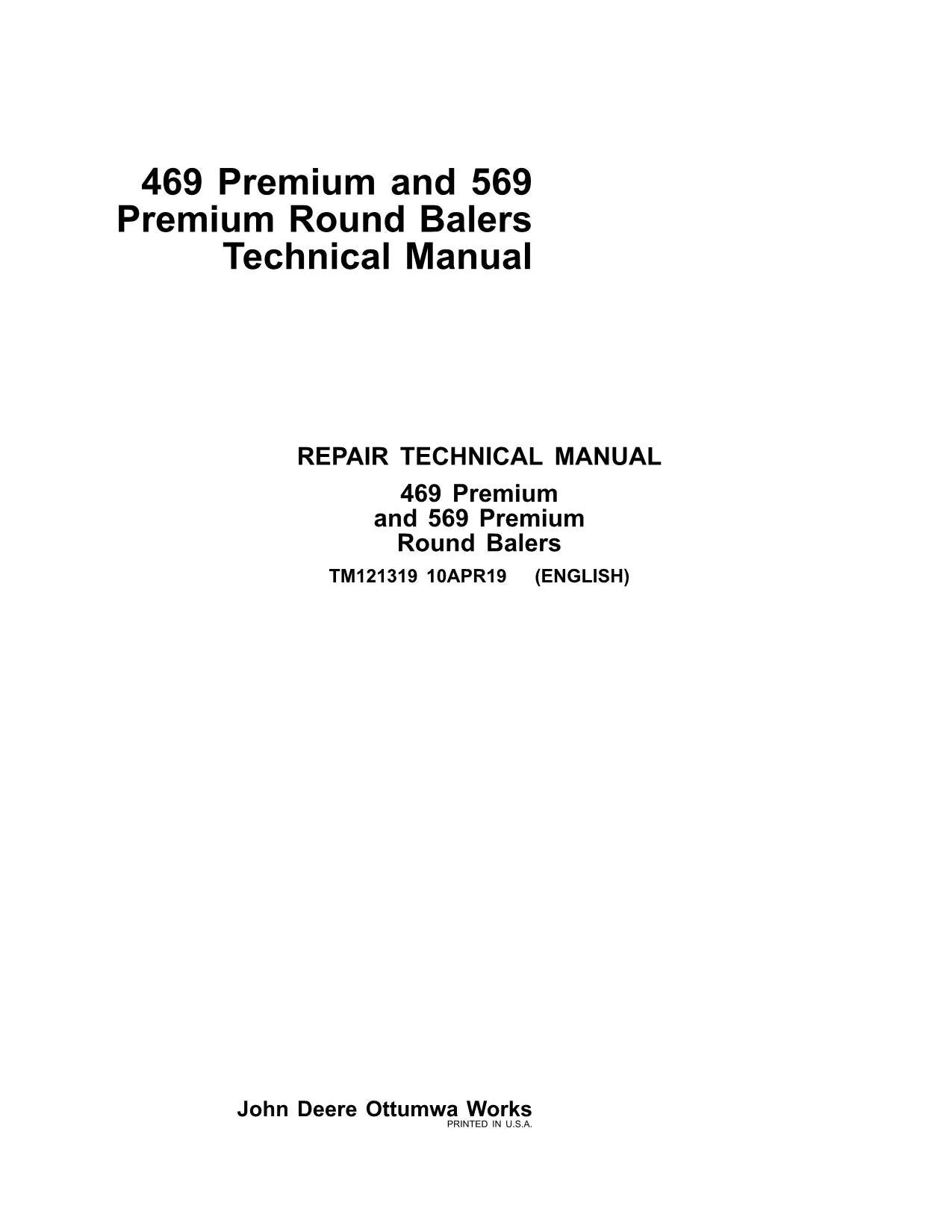 Pdf TM121319 John Deere 469, 569 Premium Hay & Forage Round Baler Repair Service Manual