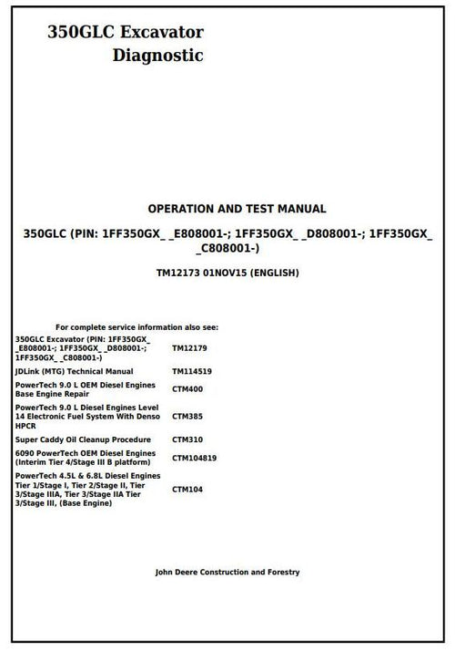 PDF TM12173 John Deere 350GLC Excavator Diagnostic and Test Service Manual