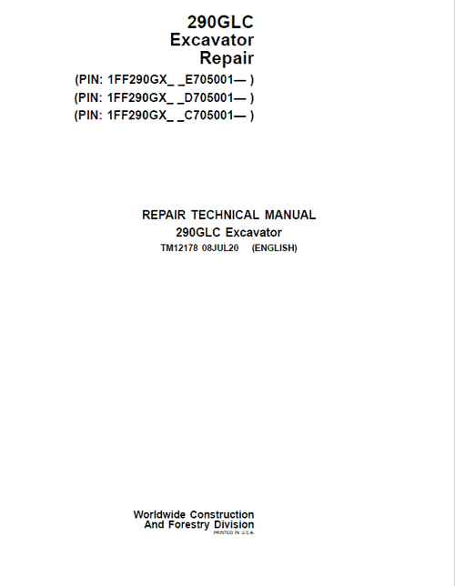 TM12178 - John Deere 290GLC Technical Excavator Repair Service Manual