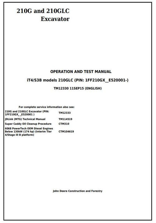 PDF TM12330 John Deere 210G, 210GLC (iT4/S3B) Excavator Diagnostic and Test Service Manual