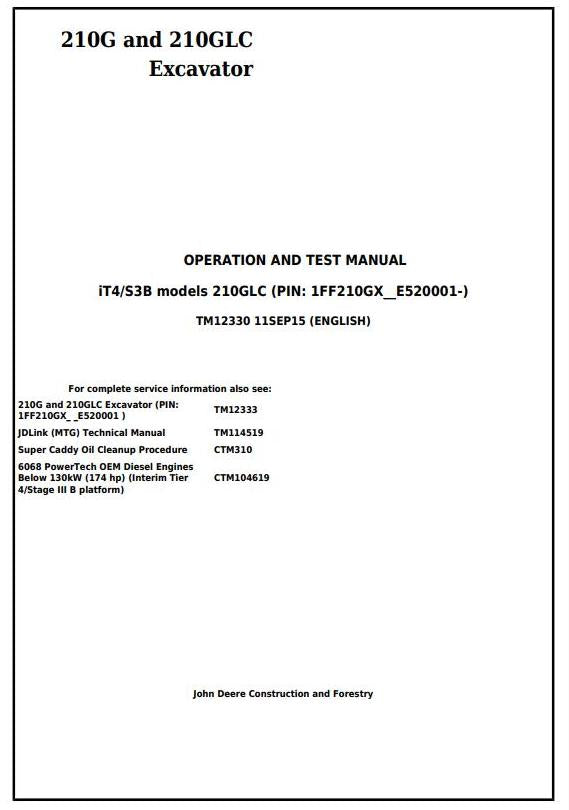 PDF TM12330 John Deere 210G, 210GLC (iT4/S3B) Excavator Diagnostic and Test Service Manual