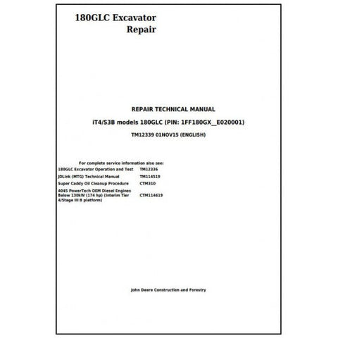 Pdf TM12339 John Deere 180GLC iT4/S3B Excavator Repair Service Manual