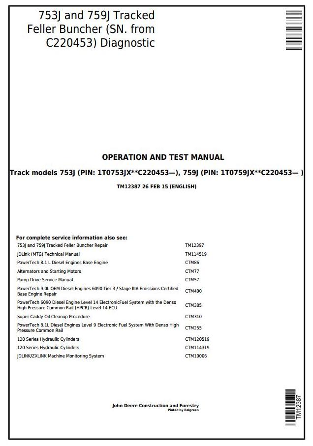 Pdf TM12387 John Deere 753J 759J Tracked Harvester Diagnostic and Test Service Manual