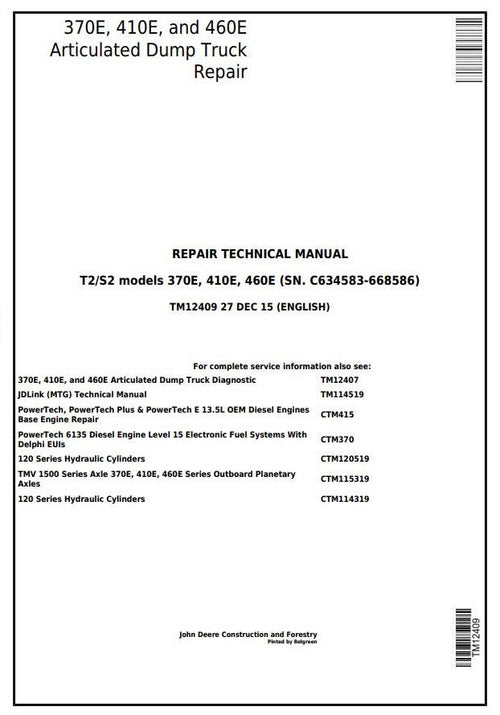 Pdf TM12409 John Deere 370E, 410E, 460E Articulated Dump Truck (SN.C634583-668586) Repair Service Manual