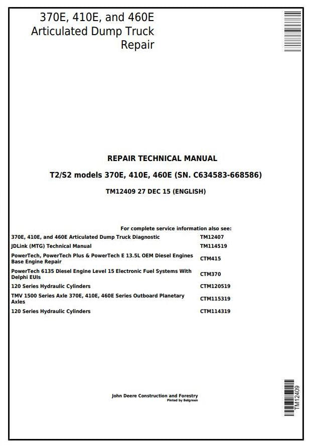 Pdf TM12409 John Deere 370E, 410E, 460E Articulated Dump Truck (SN.C634583-668586) Repair Service Manual