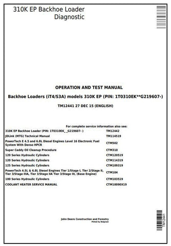 PDF TM12441 John Deere 310K EP Backhoe Loader Diagnostic & Test Service Manual