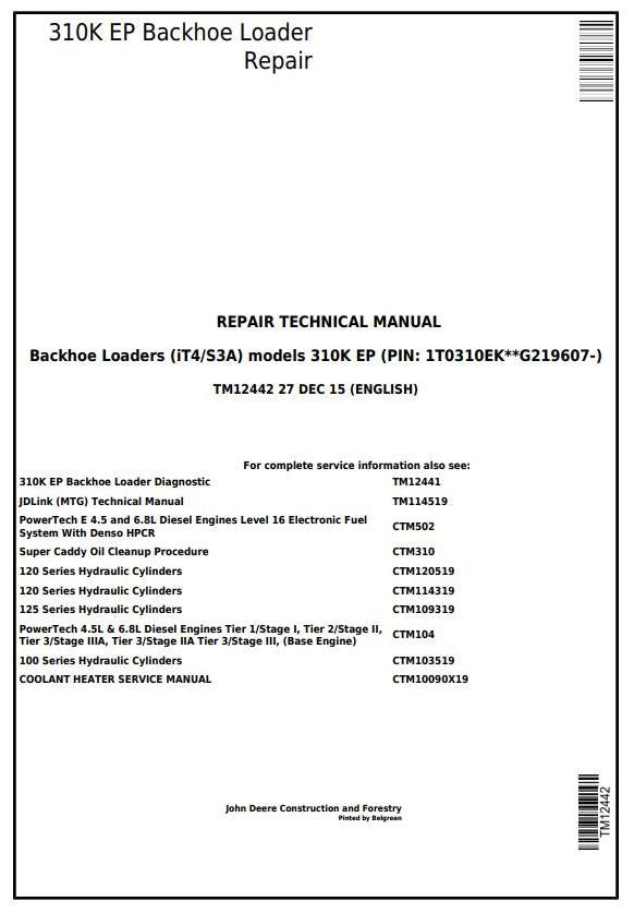 Pdf TM12442 John Deere 310K EP (iT4/S3A) Backhoe Loader (SN: G219607-) Repair Service Manual