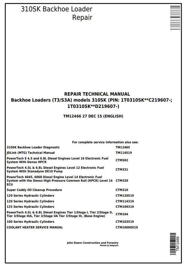 Pdf TM12466 John Deere 310SK (T3/S3A) Backhoe Loader (SN: D219607-) Repair Service Manual