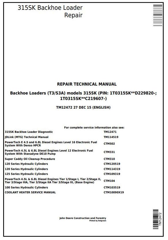 Pdf TM12472 John Deere 315SK (T3/S3A) Backhoe Loader (SN: D229820-) Repair Service Manual