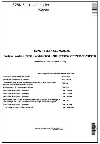 Pdf TM12484 John Deere 325K (T2/S2) Backhoe Loader (SN:C219607-C234969) Repair Service Manual