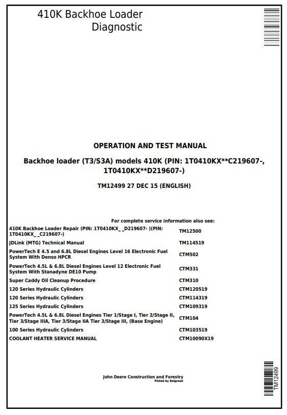 PDF TM12499 John Deere 410K (T3/S3A) Backhoe Loader (SN. from 219607) Diagnostic & Test Service Manual