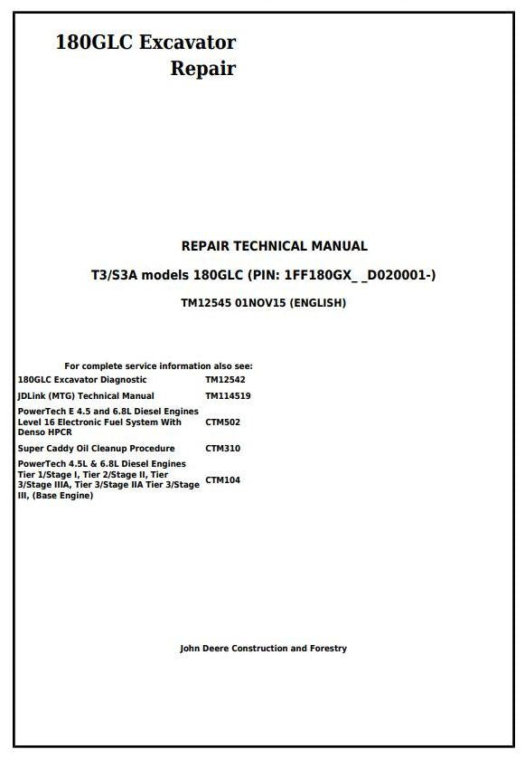 Pdf TM12545 John Deere 180GLC T3/S3A Excavator Repair Service Manual