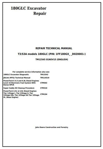 Pdf TM12545 John Deere 180GLC T3/S3A Excavator Repair Service Manual