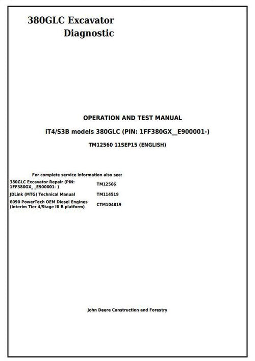 Pdf TM12560 John Deere 380GLC (iT4/S3B) Excavator Diagnostic and Test Service Manual