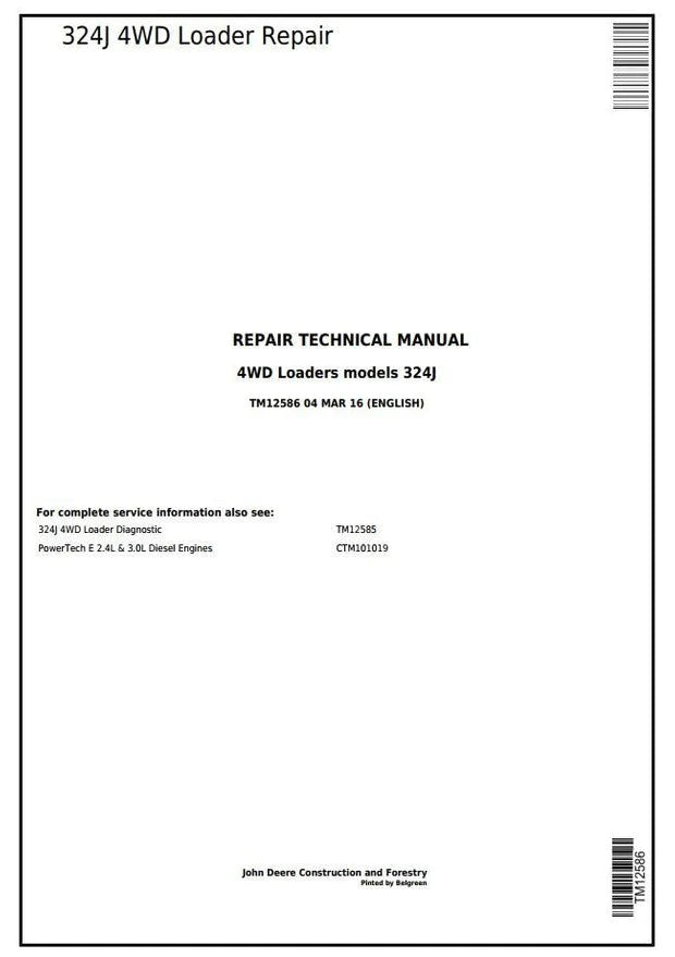 Pdf TM12586 John Deere 4WD 324J Wheel Loader Repair Service Manual