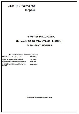 TM12663 - John Deere 245GLC iT4 Excavator Repair Service Manual