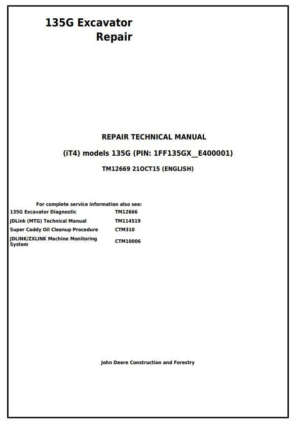 Pdf TM12669 John Deere 135G iT4 Excavator Repair Service Manual