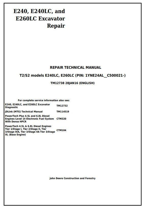 Pdf TM12738 John Deere E240 E240LC E260LC (T3/S3A) Excavator Repair Service Manual