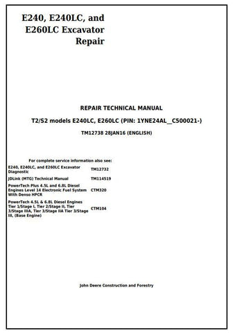 Pdf TM12738 John Deere E240 E240LC E260LC (T3/S3A) Excavator Repair Service Manual