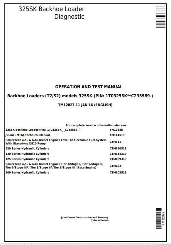 PDF TM12827 John Deere 325SK (T2/S2) Backhoe Loader (SN. From 235589) Diagnostic & Test Service Manual