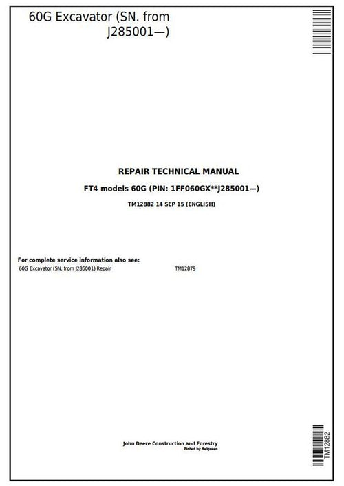 Pdf TM12882 John Deere 60G Compact Excavator Repair Service Manual SN: J285001