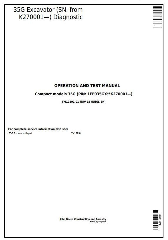 Pdf TM12891 John Deere 35G Compact Excavator Diagnostic & Test Service Manual (SN: K270001)