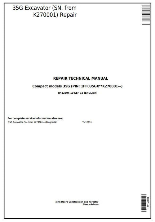 Pdf TM12894 John Deere 35G Compact Excavator SN: K270001 Repair Service Manual