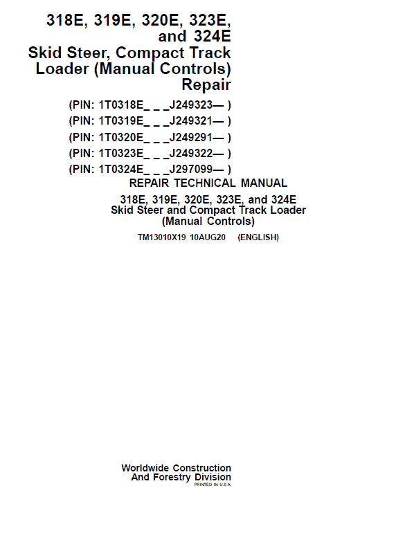 Pdf TM13010X19 John Deere 318E 319E 320E 323E Skid Steer & Compact Track Loader Repair Service Manual