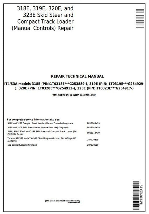 Pdf TM13012X19 John Deere 318E, 319E, 320E, 323E Skid Steer & Compact Track Loader Repair Service Manual