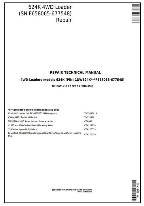 Pdf TM13051X19 John Deere 4WD 624K Wheel Loader (SN.F658065-677548) Repair Service Manual