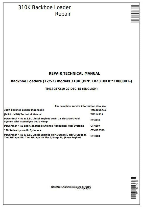 Pdf TM13057X19 John Deere 310K (T2/S2) Backhoe Loader Repair Service Manual