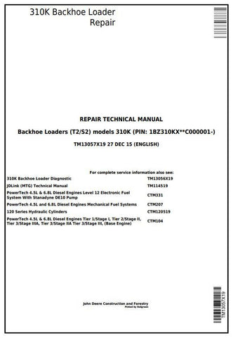 Pdf TM13057X19 John Deere 310K (T2/S2) Backhoe Loader Repair Service Manual