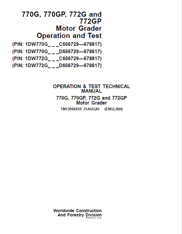 Pdf TM13066X19 John Deere 770G, 770GP, 772G, 772GP (SN.656729-678817) Grader Diagnostic and Test Service Manual