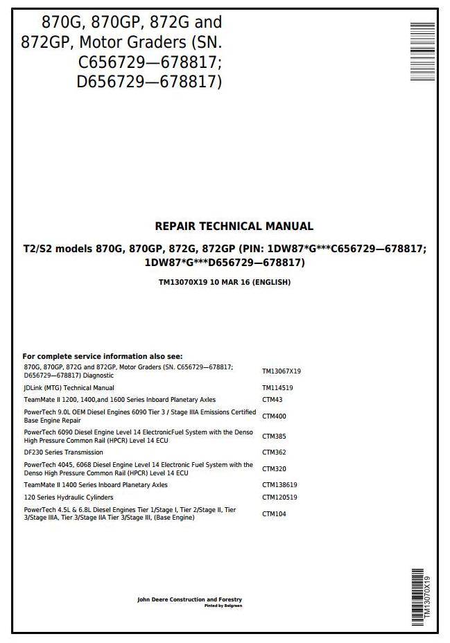 Pdf TM13070X19 John Deere 870G, 870GP, 872G, 872GP Motor Grader Repair Service Manual