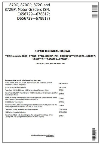 Pdf TM13070X19 John Deere 870G, 870GP, 872G, 872GP Motor Grader Repair Service Manual