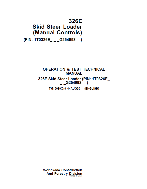 PDF TM13089X19 John Deere 326E Skid Steer Loader with Manual Controls Diagnostic & Test Service Manual