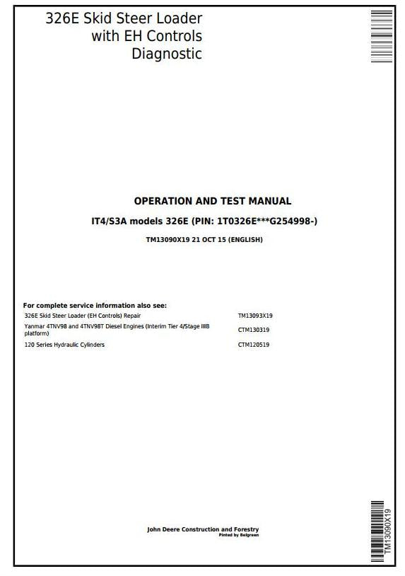 PDF TM13090X19 John Deere 326E Skid Steer Loader with EH Controls Diagnostic and Test Service Manual