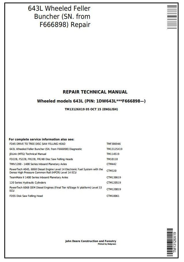 Pdf TM13126X19 John Deere 643L Wheeled Feller Buncher Repair Service Manual