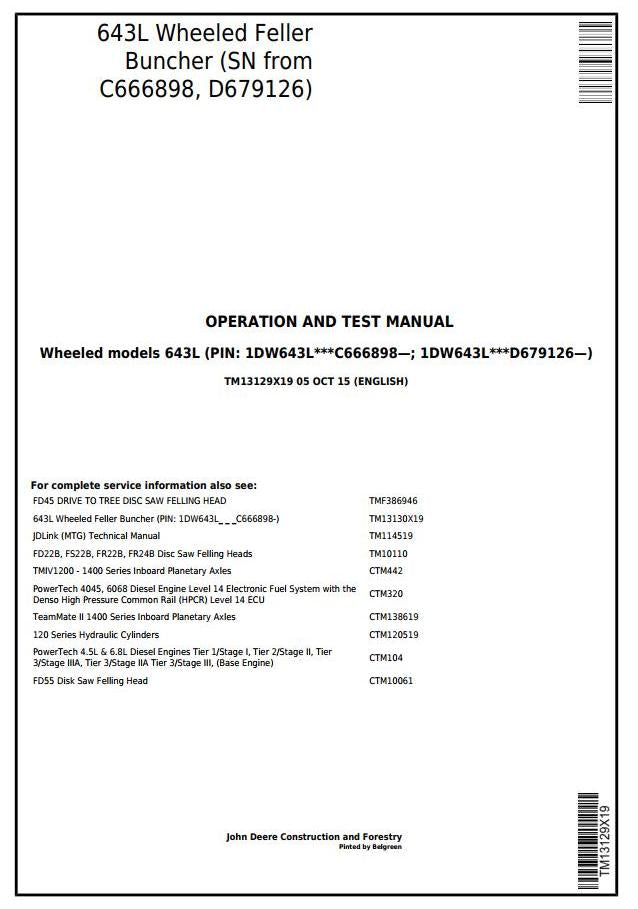 PDF TM13129X19 John Deere 643L Wheeled Feller Buncher Diagnostic and Test Service Manual