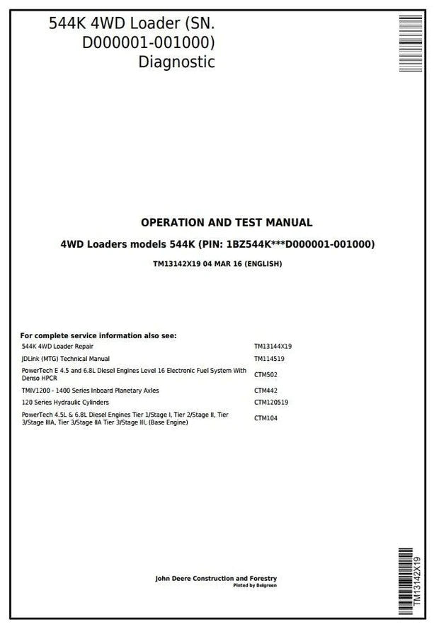 Pdf TM13142X19 John Deere 4WD Wheel Loader 544K (SN.D000001-001000) Diagnostic & Test Service Manual