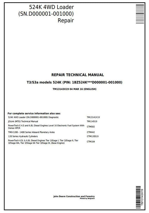 Pdf TM13143X19 John Deere 524K 4WD (T3/S3a) Wheel Loader (SN.D000001-001000) Repair Service Manual