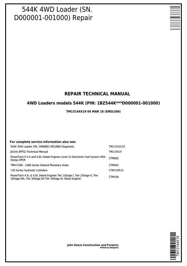 Pdf TM13144X19 John Deere 4WD 544K (T3/S3a) Wheel Loader (SN.D000001-001000) Repair Service Manual