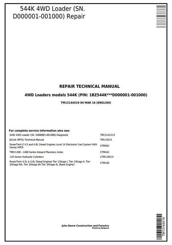 Pdf TM13144X19 John Deere 4WD 544K (T3/S3a) Wheel Loader (SN.D000001-001000) Repair Service Manual