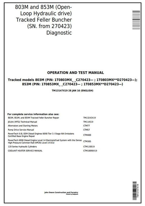 PDF TM13147X19 John Deere 803M, 853M Feller Buncher Diagnostic and Test Manual